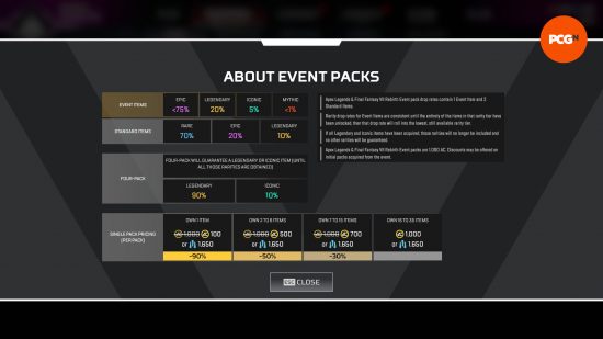 Apex Legends Final Fantasy 7 Rebirth etkinliği - Daha fazlasının kilidi açıldıkça etkinlik paketlerinin fiyatının nasıl değiştiğini açıklayan bir ekran.