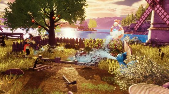 Bir oyuncu ve iki Arkadaşı, vegan dostu Palworld yemekleri için yiyecek hazırlamak üzere bitkileri ve ağaçları suluyor.