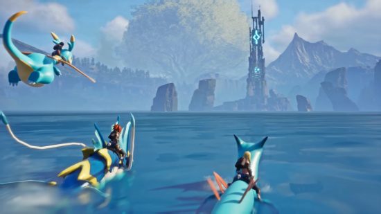 Üç oyuncu, Palworld haritasındaki ezoterik bir taş kuleye yaklaşıyor; ikisi, Dostlarının sırtında suyu keserken, üçüncüsü de tepede uçuyor.