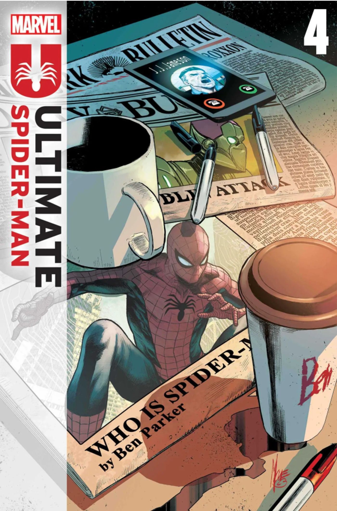 Ultimate Spider-Man #4'ün kapağında Ben Parker'ın Spider-Man'i araştırdığı bir gazete makalesi yer alıyor