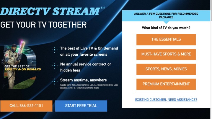 DirecTV Stream'in ana sayfası.