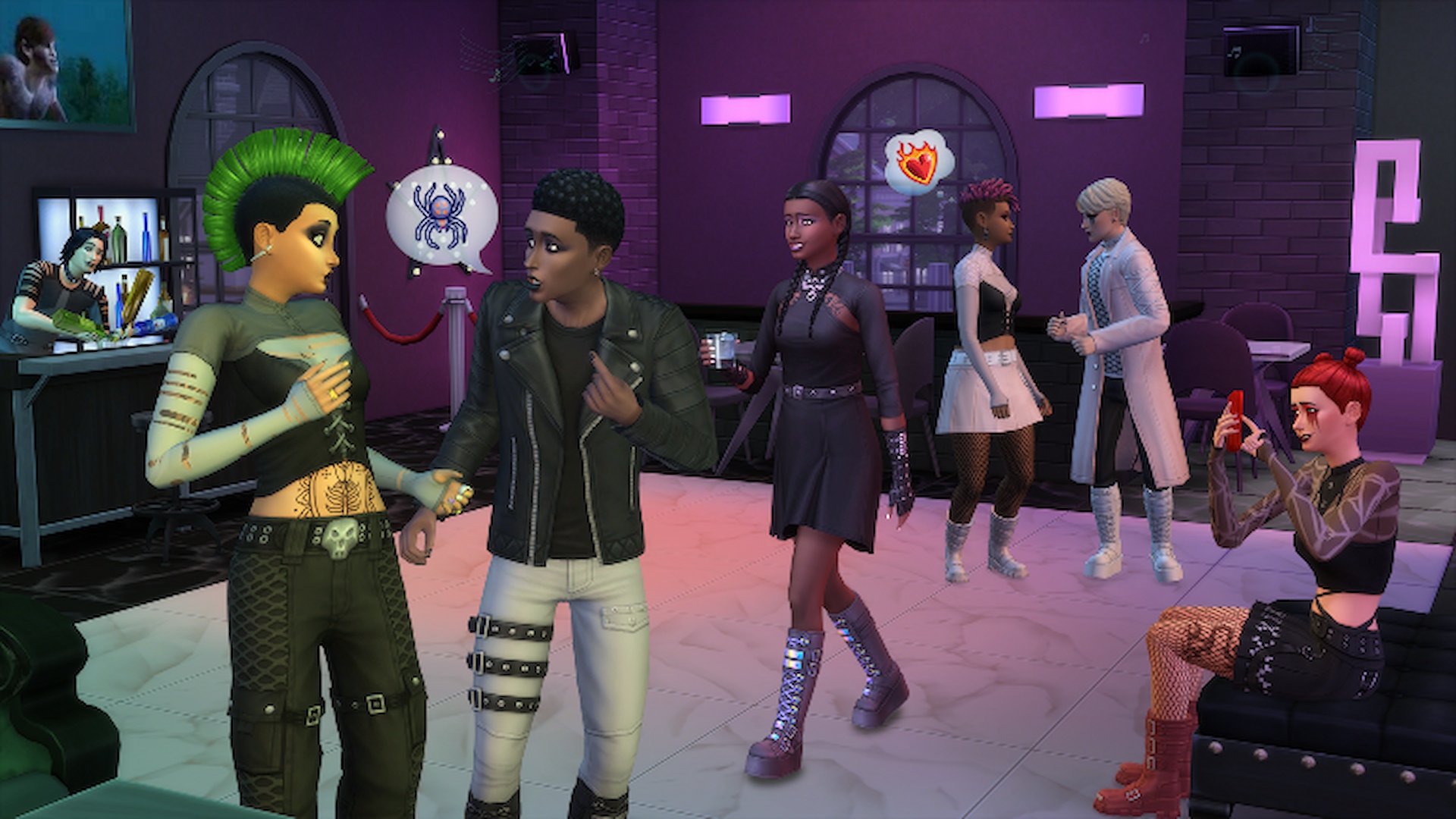 The Sims 4 goth bolca kiti: Sims'in koyu gotik tarzı kıyafetler giyen bir partideki ekran görüntüsü