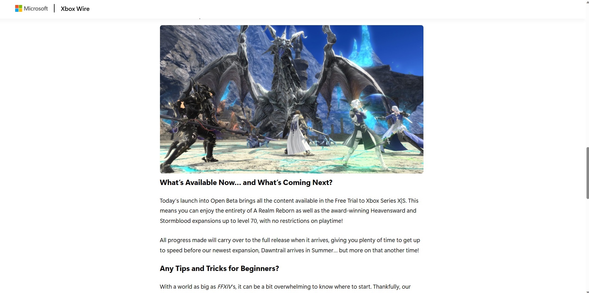 Final Fantasy XIV'in Xbox Open Beta'sının artık silinmiş hatalı haber makalesinin ekran görüntüsü artık mevcut