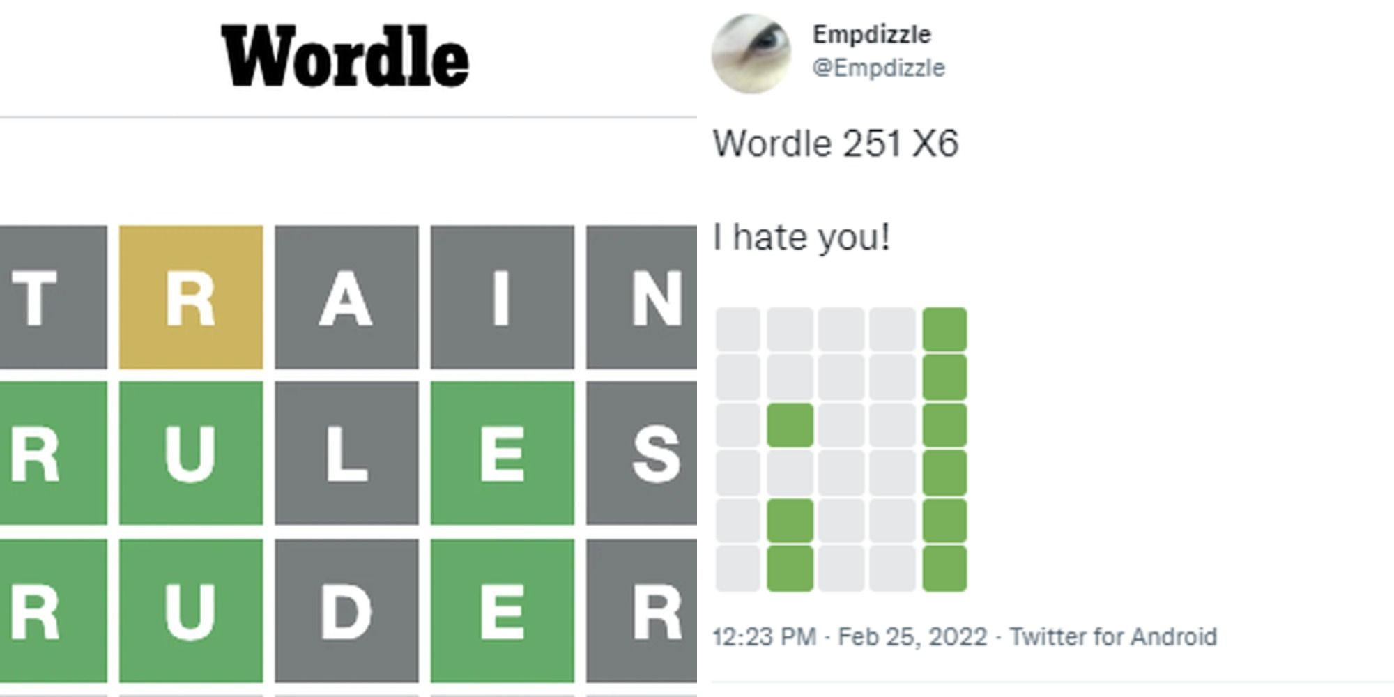 Wordle panosunu ve oyunla ilgili bir tweet'i gösteren bölünmüş resim