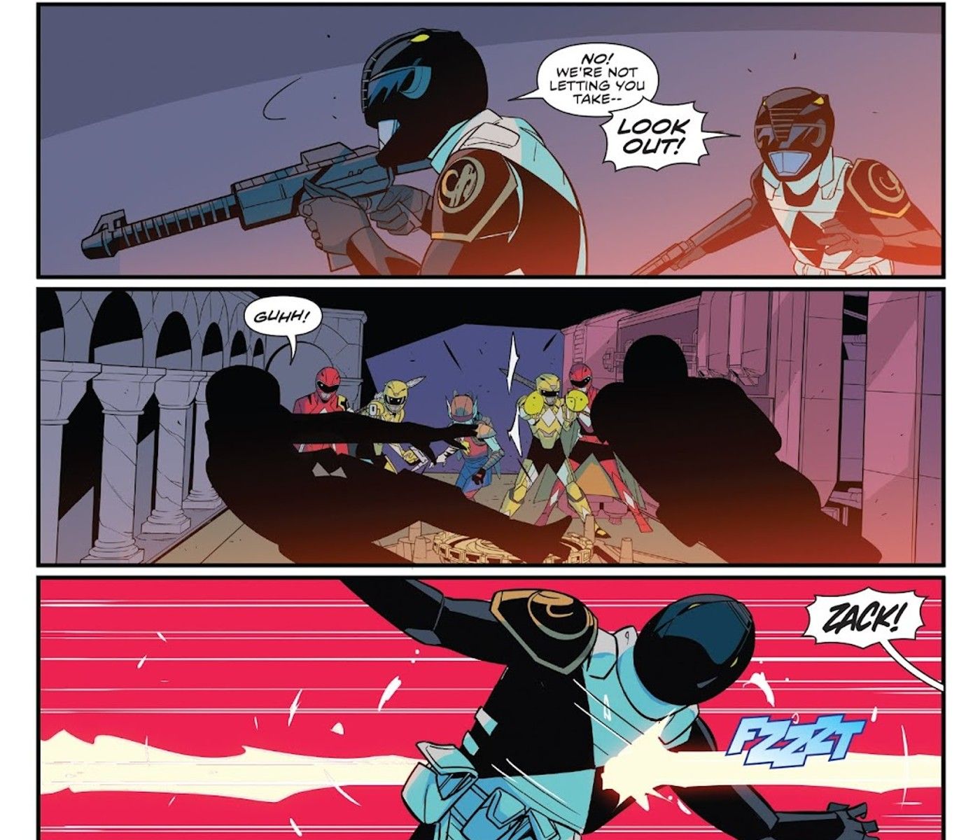 Mighty Morphin Power Rangers #28'den kontrol panelleri, Parasız Zack Taylor, Mighty Morphin Power Ranger'ın Black Ranger'ını kurtarıyor