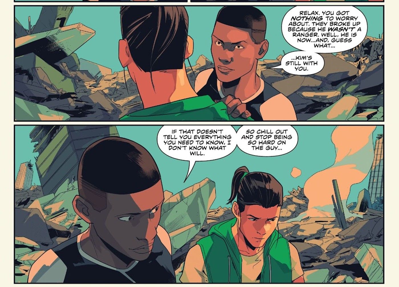 Mighty Morphin #14'ten paneller, Siyah Korucu Zack Taylor, Beyaz Korucu Tommy Oliver'a biraz mantıklı konuşuyor.