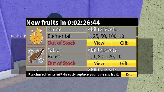 Stokta bulunmayan iki meyveyi gösteren Blox Fruits stok sayfası.