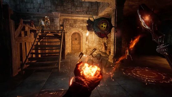 Dungeonborne - Çeşitli canavarlar onları taş bir odada çevrelerken, oyuncu elinde bir ateş büyüsü yaratır.