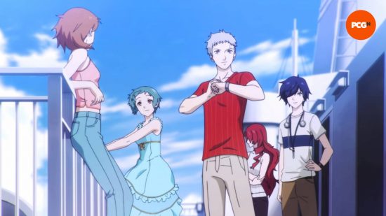 Persona 3 Reload incelemesi: SEES'in birkaç üyesi bir geminin güvertesinde duruyor.  Hepsi gündelik yazlık kıyafetler giymiş.