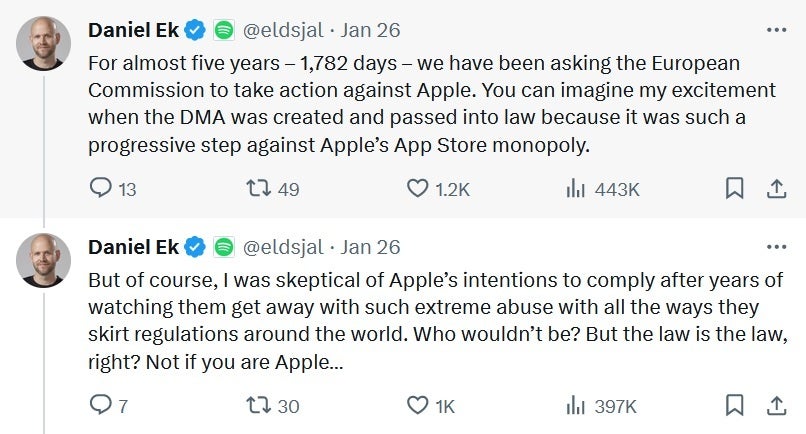 Spotify CEO'su Eks, Apple'ı X'te eleştirdi - Apple'ın AB'deki yeni App Store ücreti bazı uygulama geliştiricilerine mali zarar verecek