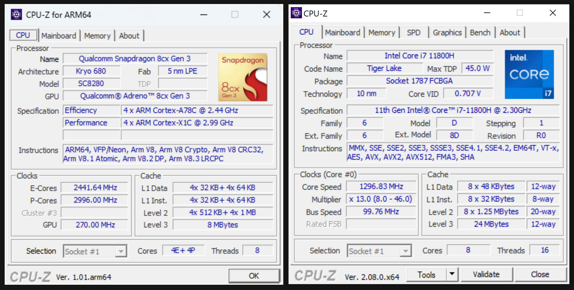 Arm64 ve x86 sürümleri için CPU-Z