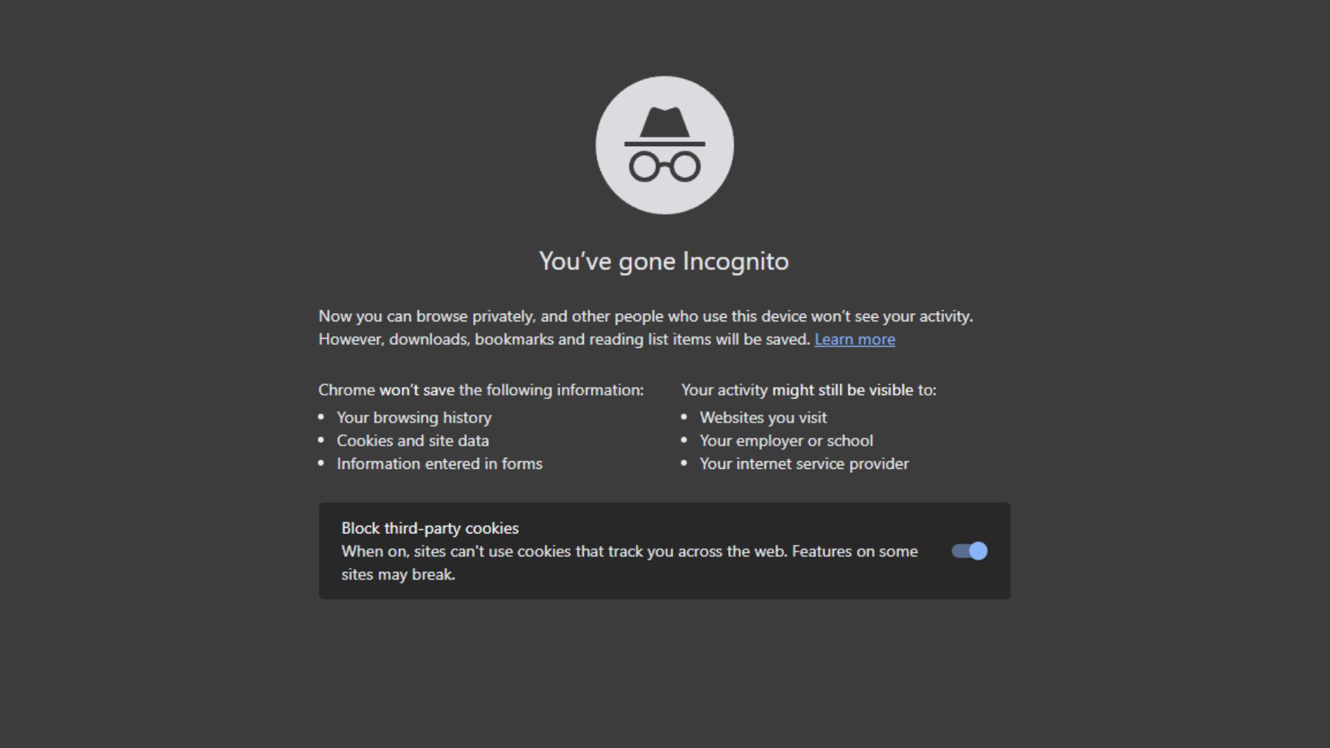 Google Chrome'da Gizli Mod sorumluluk reddi mesajı