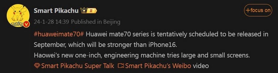 @SmartPikachu tarafından yazılan bu Weibo gönderisinin konusu Huawei Mate 70 serisidir - Huawei, önümüzdeki Eylül ayında Mate 70 serisi ile Çin'deki iPhone 16 serisini devralacak