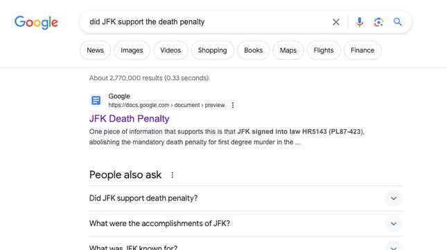 Google Arama sonuçlarının ekran görüntüsü "JFK idam cezasını destekledi mi" rahatsız edici Google Dokümanı görüntüleniyor