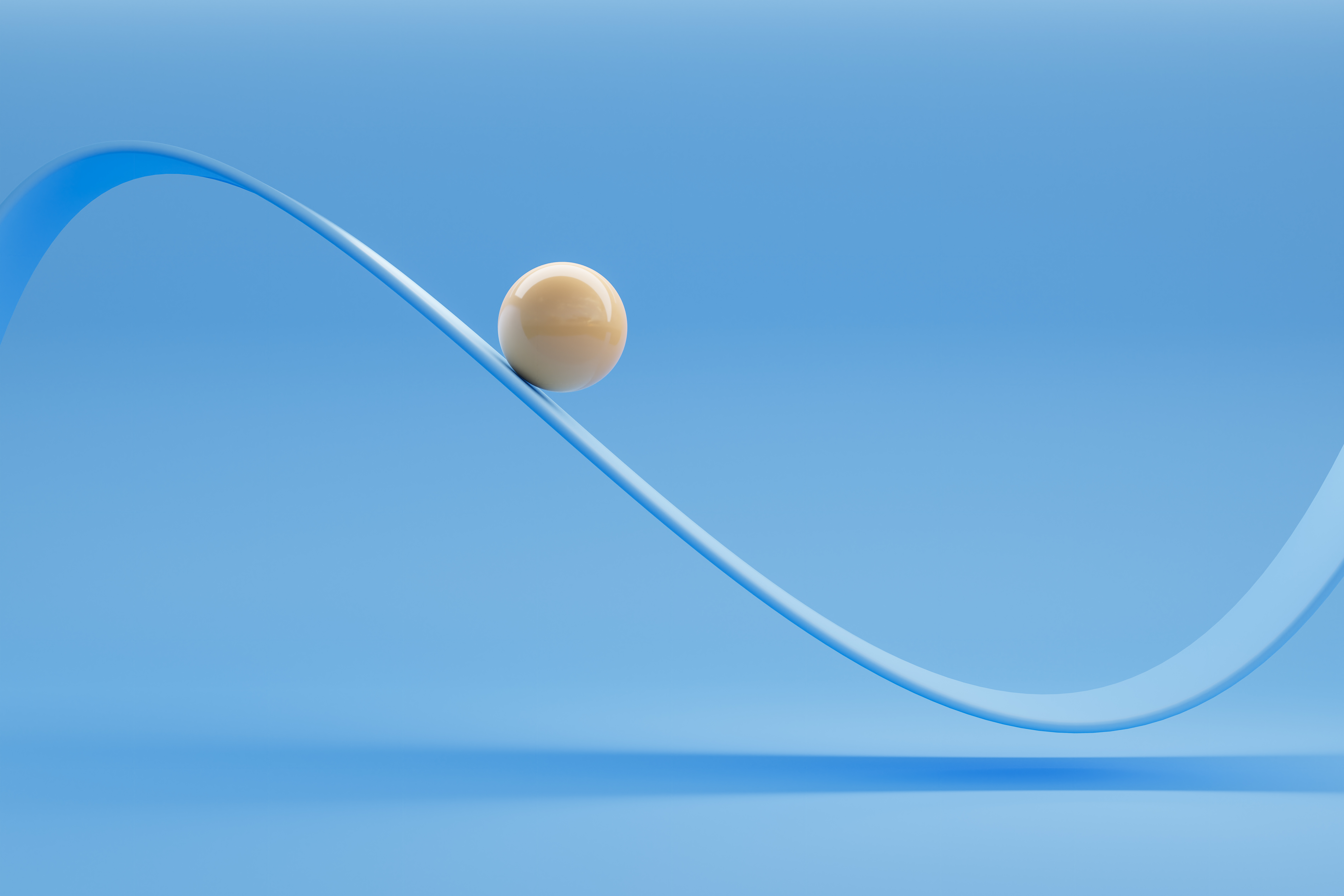 Mavi bir arka plana karşı salınımlı bir eğri boyunca hareket eden parlak beyaz seramik bir topun görüntüsü.