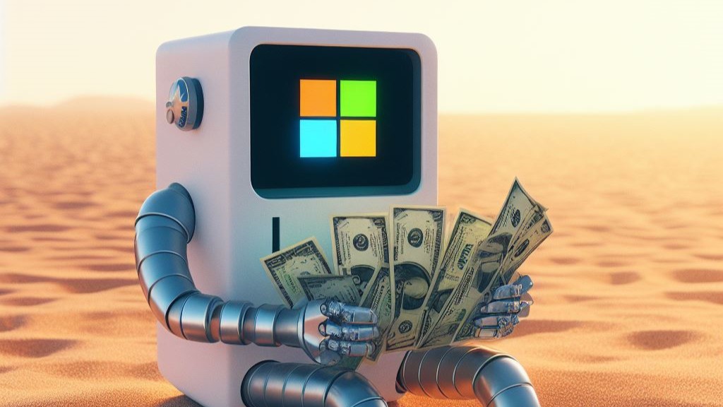Microsoft temalı robot kumsalda para sayıyor
