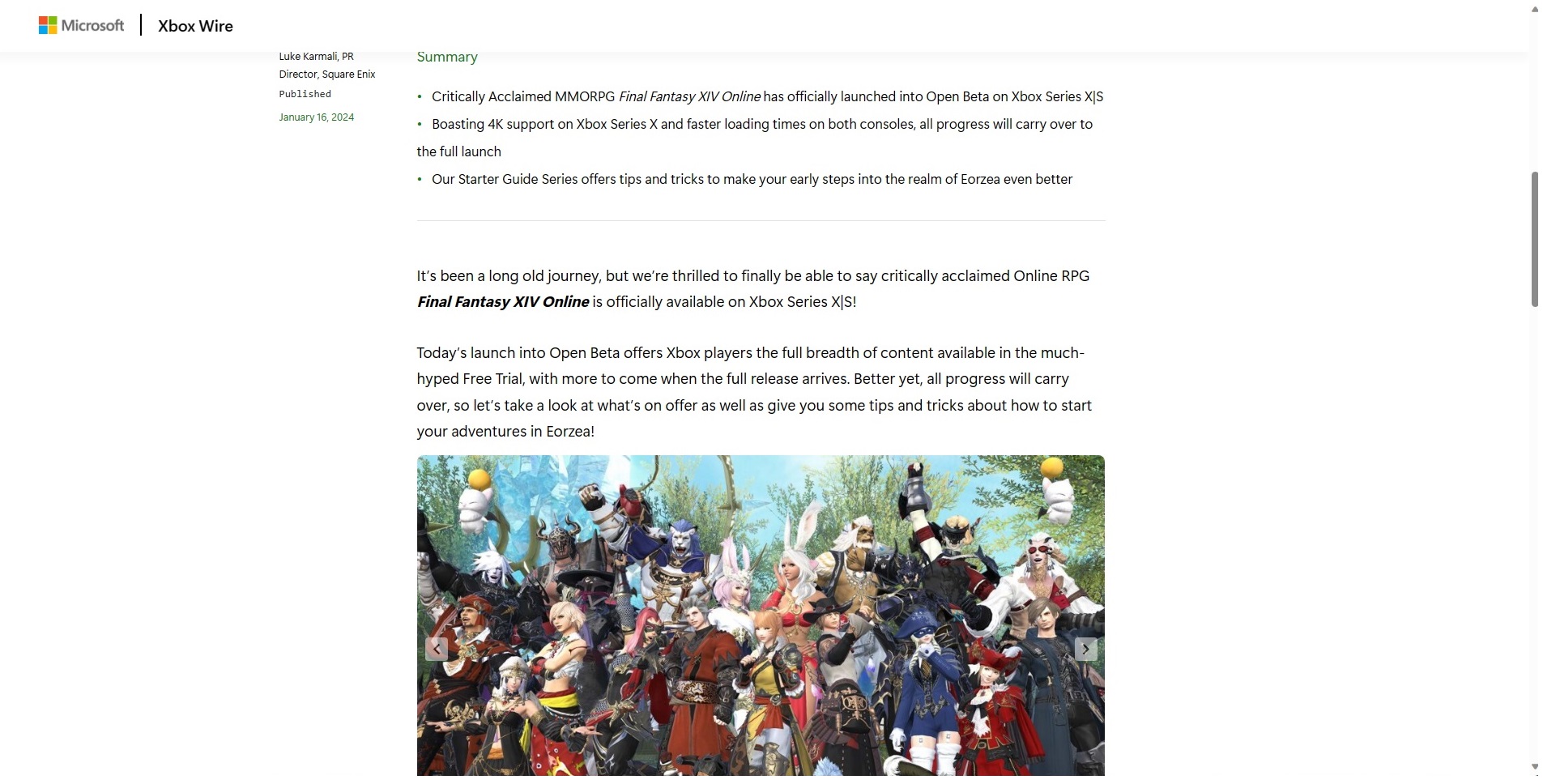 Xbox Wire'ın Final Fantasy XIV Xbox Açık Beta'daki haber gönderisi artık silindi