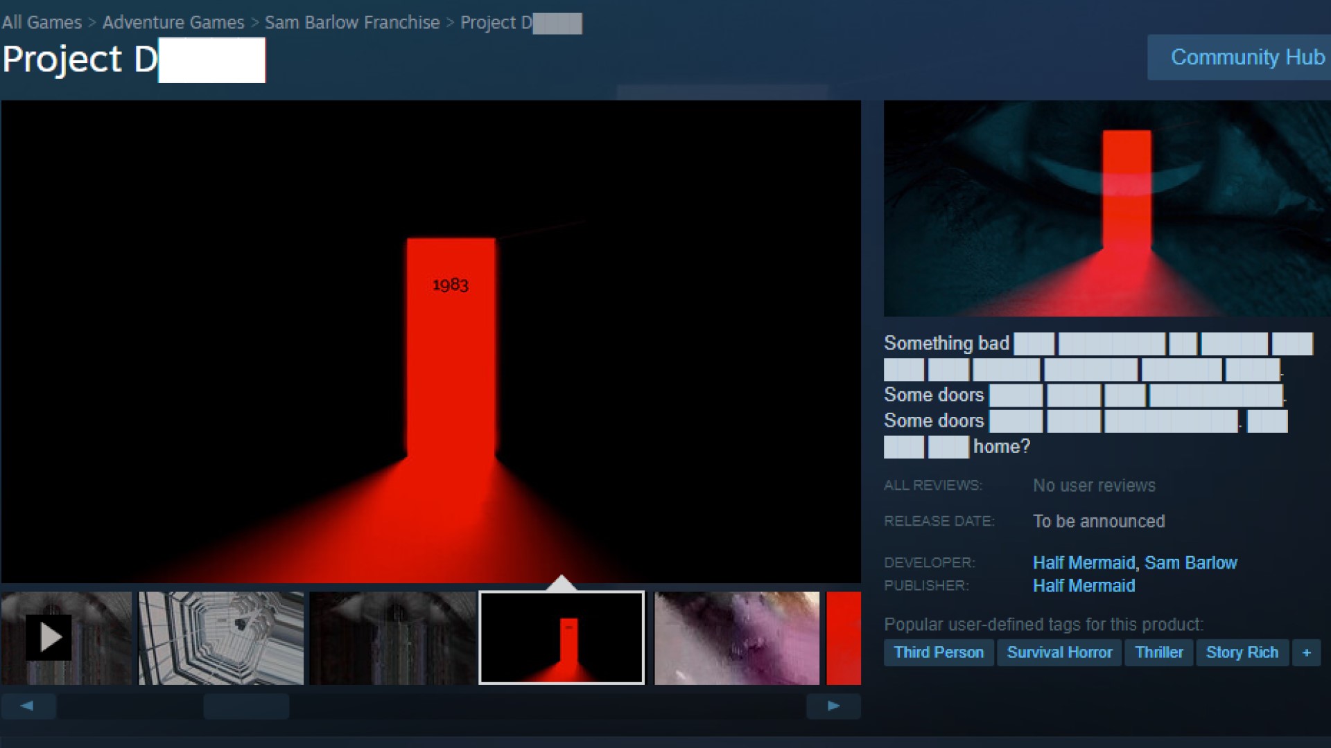 Project D'nin Steam'deki açılış sayfası, gizemli kırmızı bir kapı resmiyle