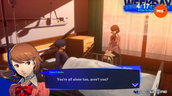 Persona 3 Reload incelemesi: Yukari, hastanede ve yatalak durumdaki kahramanla konuşuyor.