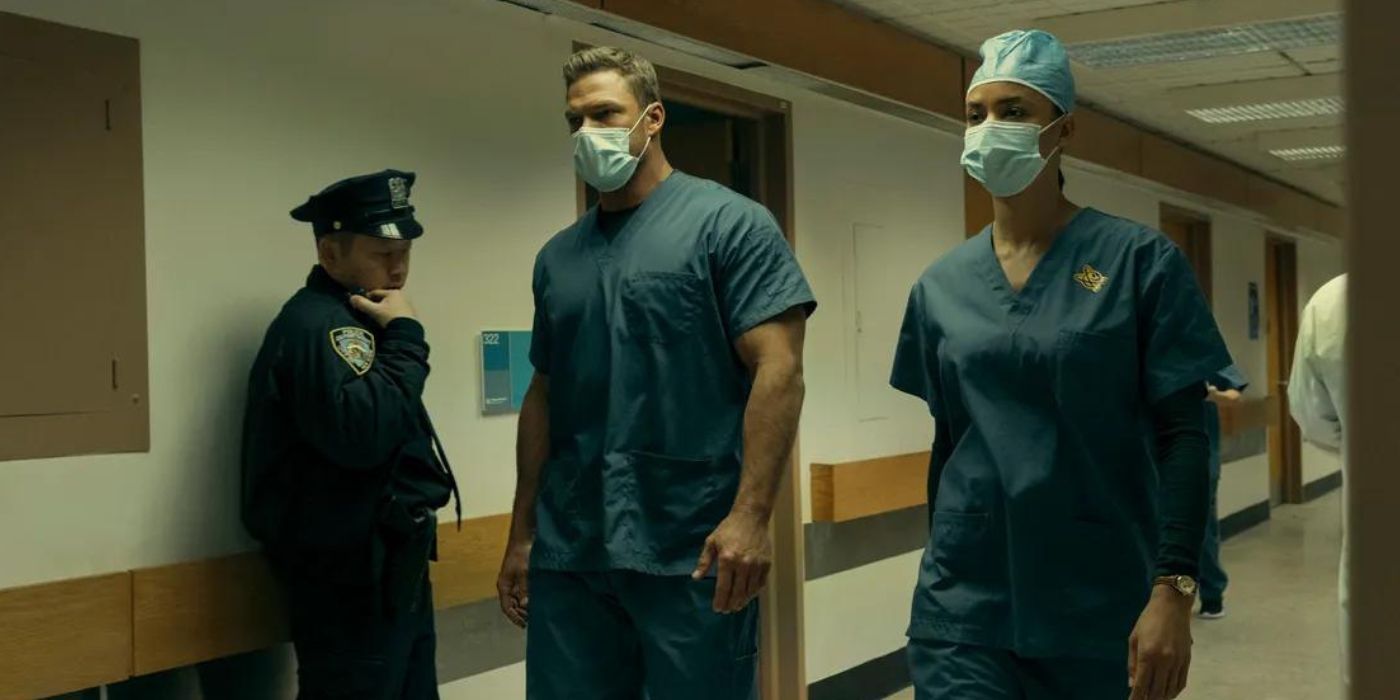 Reacher (Alan Ritchson) ve Neagley (Maria Sten), Reacher 2. sezon 7. bölümde bir hastanede gizli görevdeyken önlüklerle