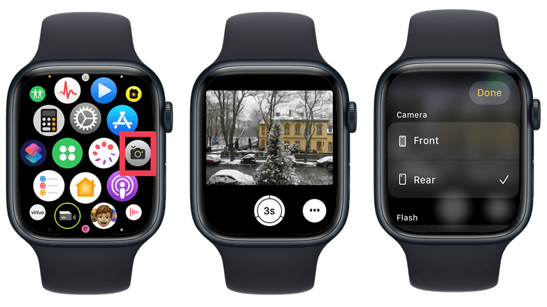 Apple Watch'un kamera uzaktan kumandası olarak nasıl kullanılabileceğini gösteren ekran görüntüleri.