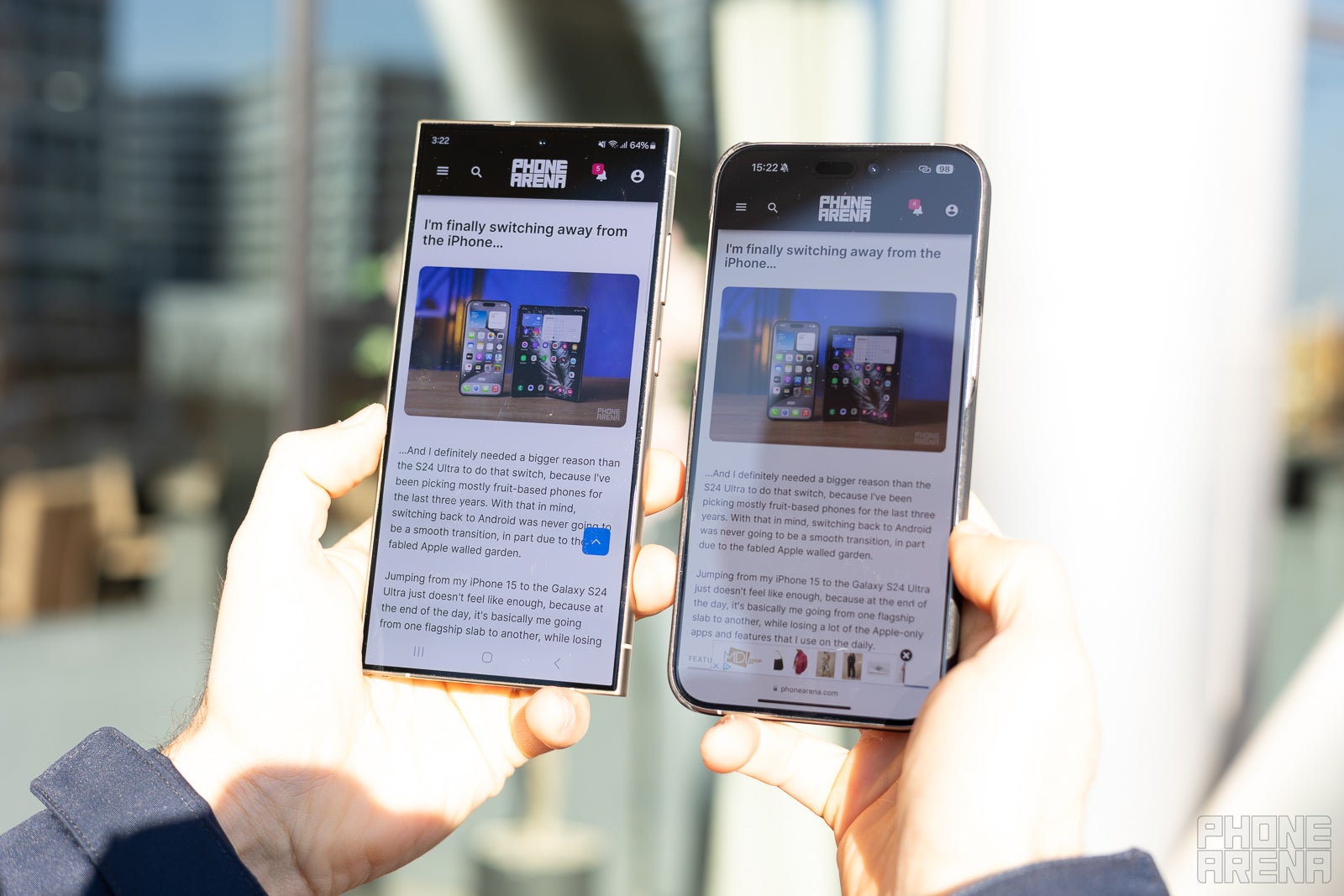 Solda Galaxy, sağda iPhone.  Daha yüksek parlaklık bir şeydir, ancak yansımaların olmaması buradaki en büyük değişikliktir.  - Galaxy S24 Ultra, devrim niteliğinde, yansımasız bir ekrana sahip: iPhone ve Pixel ile test ettik