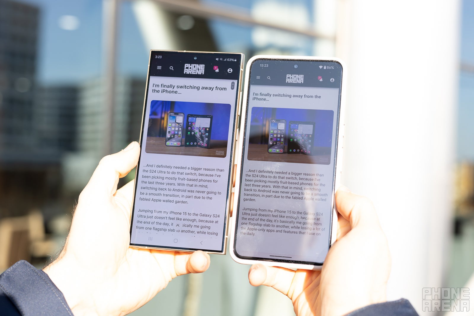 Solda S24 Ultra, sağda Pixel 8 Pro.  Fark dikkat çekicidir.  - Galaxy S24 Ultra, devrim niteliğinde, yansımasız bir ekrana sahip: iPhone ve Pixel ile test ettik