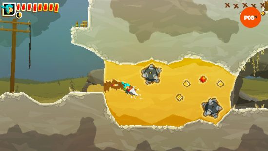 Yeni ve şık platform oyunu, elektrikli aletleri ve korsanları olan Shovel Knight: Matkaplı mavi saçlı bir karakterin iki mayını atlatmak için sarı malzemeyi kazdığı piksel tarzı bir oyun