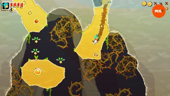 Yeni ve şık platform oyunu, elektrikli aletleri ve korsanları olan Shovel Knight: Mavi saçlı bir karakterin sarı malzemeyi delip sarmaşık düğümlerinden kaçınmaya ve başka bir bölgeye geçmeye çalıştığı bir piksel oyunu