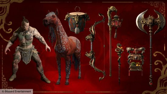 Ejderha dövmeleri, kırmızı bir at ve kırmızı-altın silahlar dahil Diablo 4 Ay Uyanışı ödülleri.