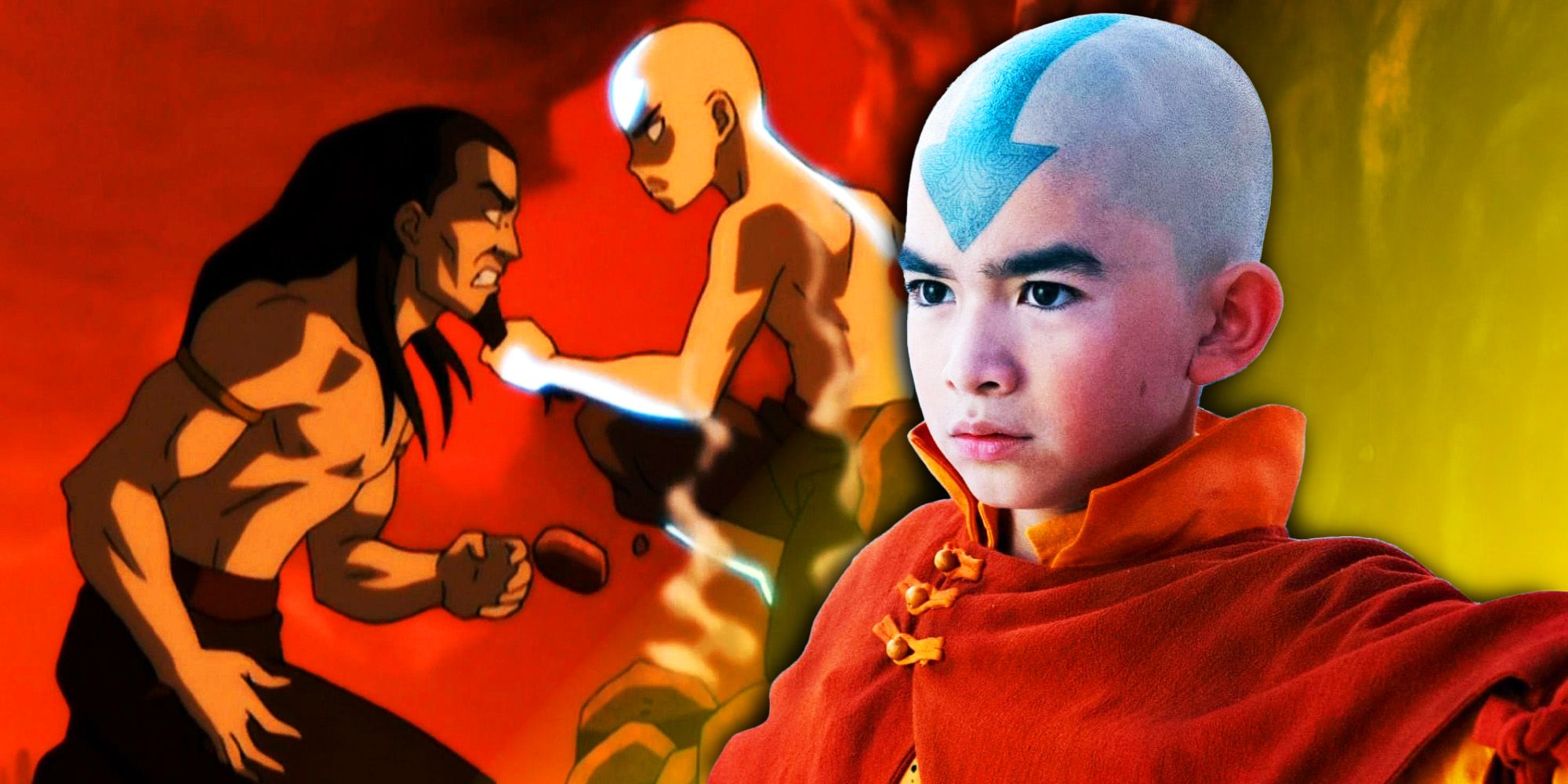 Avatar The Last Airbender'ın finalinde animasyonlu Aang ve Ozai kavgası, sağda Netflix şovundan canlı aksiyon Aang