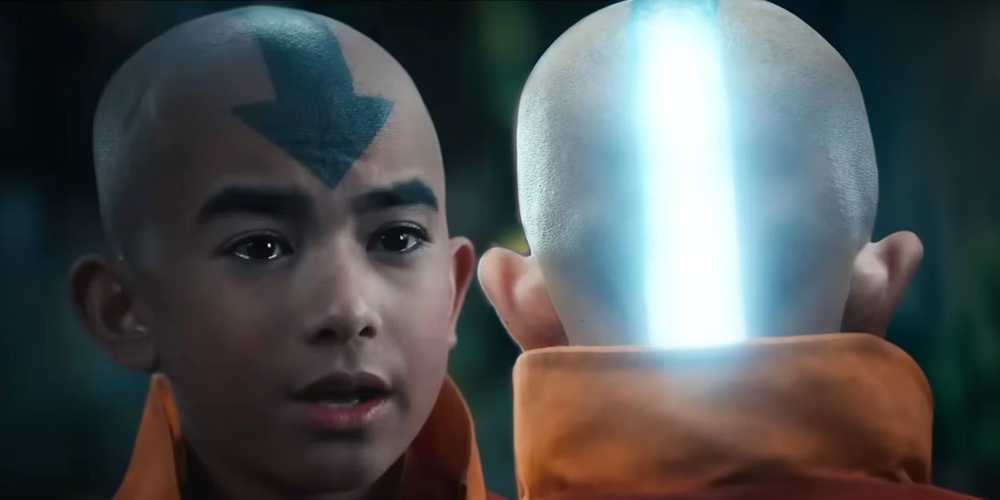 Avatar Son Hava Bükücü'de Aang rolünde Gordon Cormier endişeli görünüyor ve Aang'ın kafasının arkası oku parlıyor.
