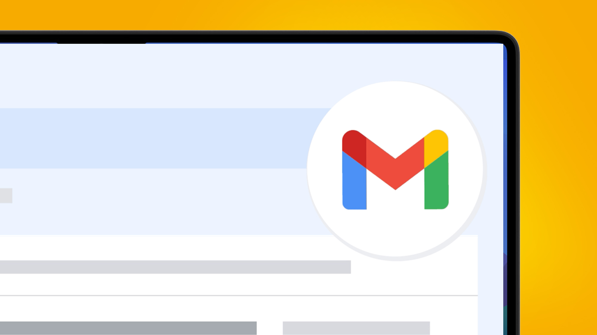 Turuncu arka planda Gmail logosunu ve gelen kutusunu gösteren bir dizüstü bilgisayar ekranı