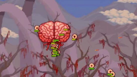Tüm Terraria patronları: Yüzen bir beyin, kan yaprakları ve yüzen gözlerle dolu bir ormanda havada süzülüyor.