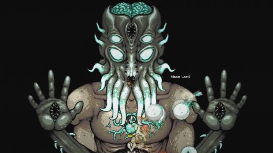 Tüm Terraria patronları: Ay Lordu, kalamar benzeri bir yüze sahip, yüzünde ve ellerinde birkaç ağız ve açık bir beyni olan Cthulhu benzeri bir varlıktır.