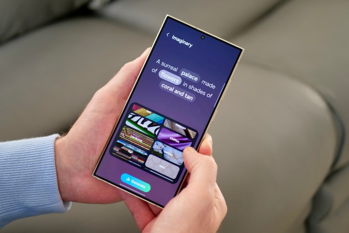 Samsung Galaxy S24 Ultra'da Generative AI duvar kağıtlarını kullanan bir kişi.