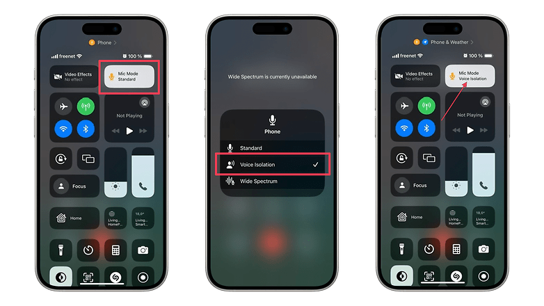 iOS'ta ses yalıtımının nasıl etkinleştirileceğini gösteren ekran görüntüleri.