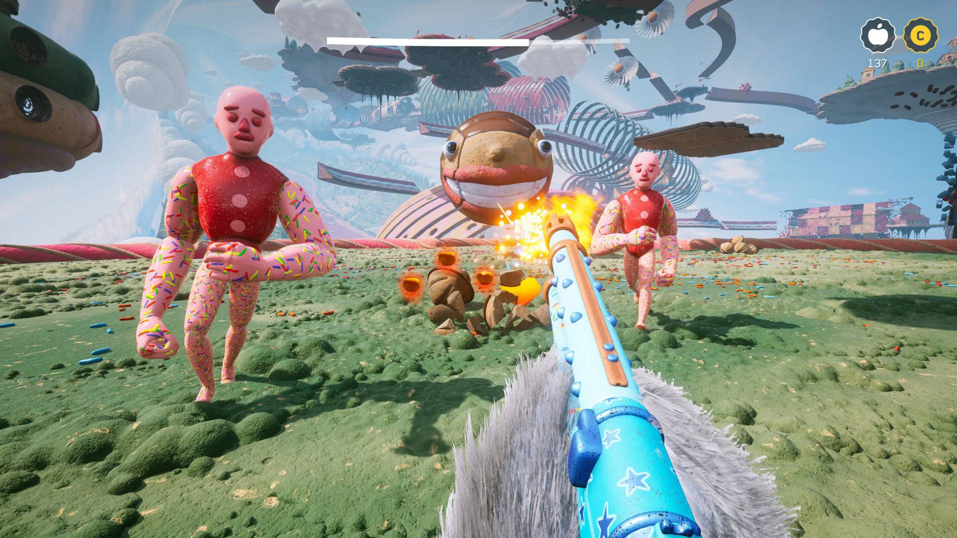 Atomic Heart'ın yeni DLC'si pastel "GPT" tüylü olduğun dünya: Parlak mavi silahı olan tüylü bir yaratık, bir alandaki renkli düşmanlara ateş ediyor