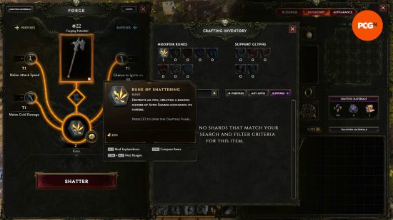 Bir oyuncu, bir silahı yok etmek ve bazı ek parçaları almak için Last Epoch işçiliğindeki bir Rune of Shattering'i kullanmak üzere.