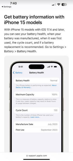 Apple, iOS 17.4 ile iPhone 15 serisindeki iPhone ayarları uygulamasının Pil Sağlığı bölümünde bir değişiklik yapıyor; iPhone 15 kullanıcıları, iOS 17.4'e güncelleme yaptıktan sonra pillerinin sağlığını bir bakışta kontrol edebilecekler