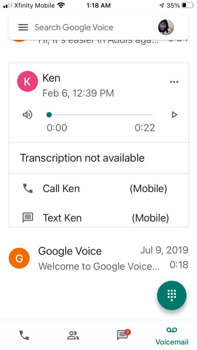 Uygulama içi Google Voice kayıtları.