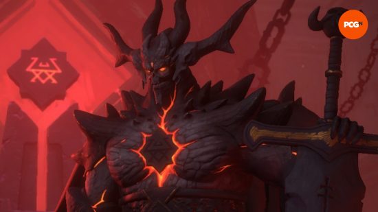 Boynuzlu Kara Lord Astaroth, Solium Infernum Baş Şeytanlarından biri, gözleri ve göğsü kırmızı ateşle parlıyor.