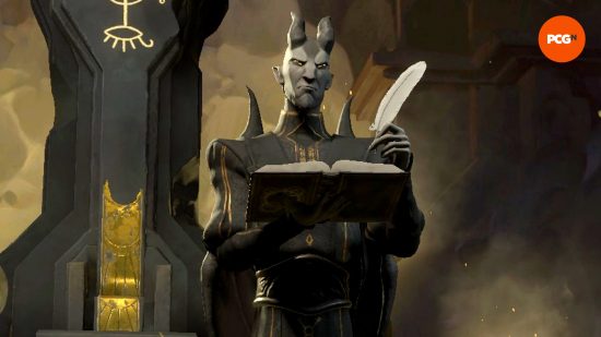 Solium Infernum Baş Şeytanlarından biri olan Belial'in elinde entrikalar, bir kitap ve tüy kalem var.