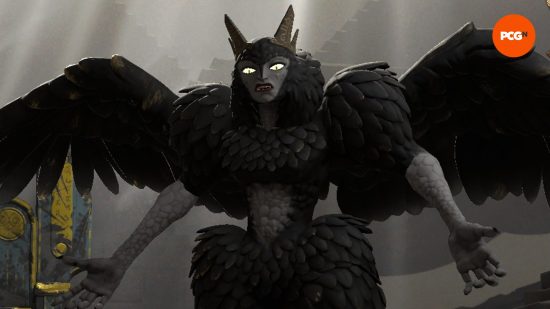 Solium Infernum Baş Şeytanlarından biri olan Lilith, kollarını iğrenerek uzatıyor; büyük, tüylü kanatları arkasına doğru açılıyor.