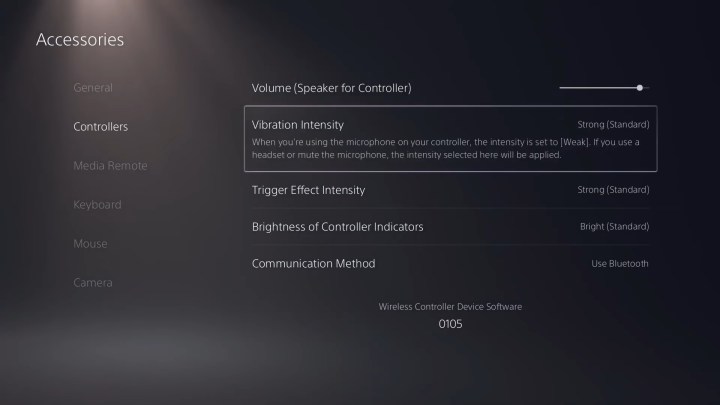 PS5'teki DualSense ayarları menüsü.