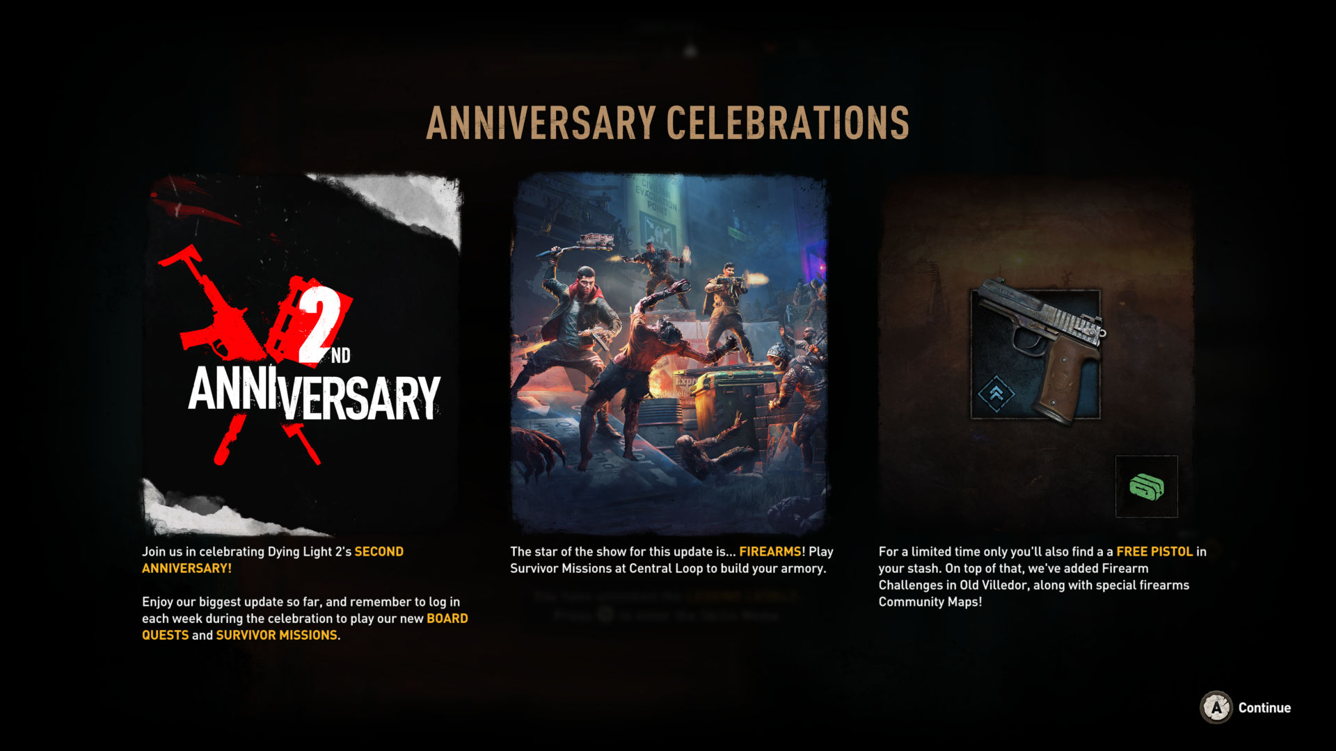 Dying Light 2 oyun içi 2. yıl dönümü açılış ekranı