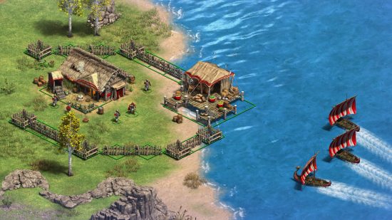 Age of Empires 2: Definitive Edition DLC Victors and Vanquished - Bu klasik strateji oyununda Viking tekneleri sahildeki küçük bir yerleşime yaklaşıyor.