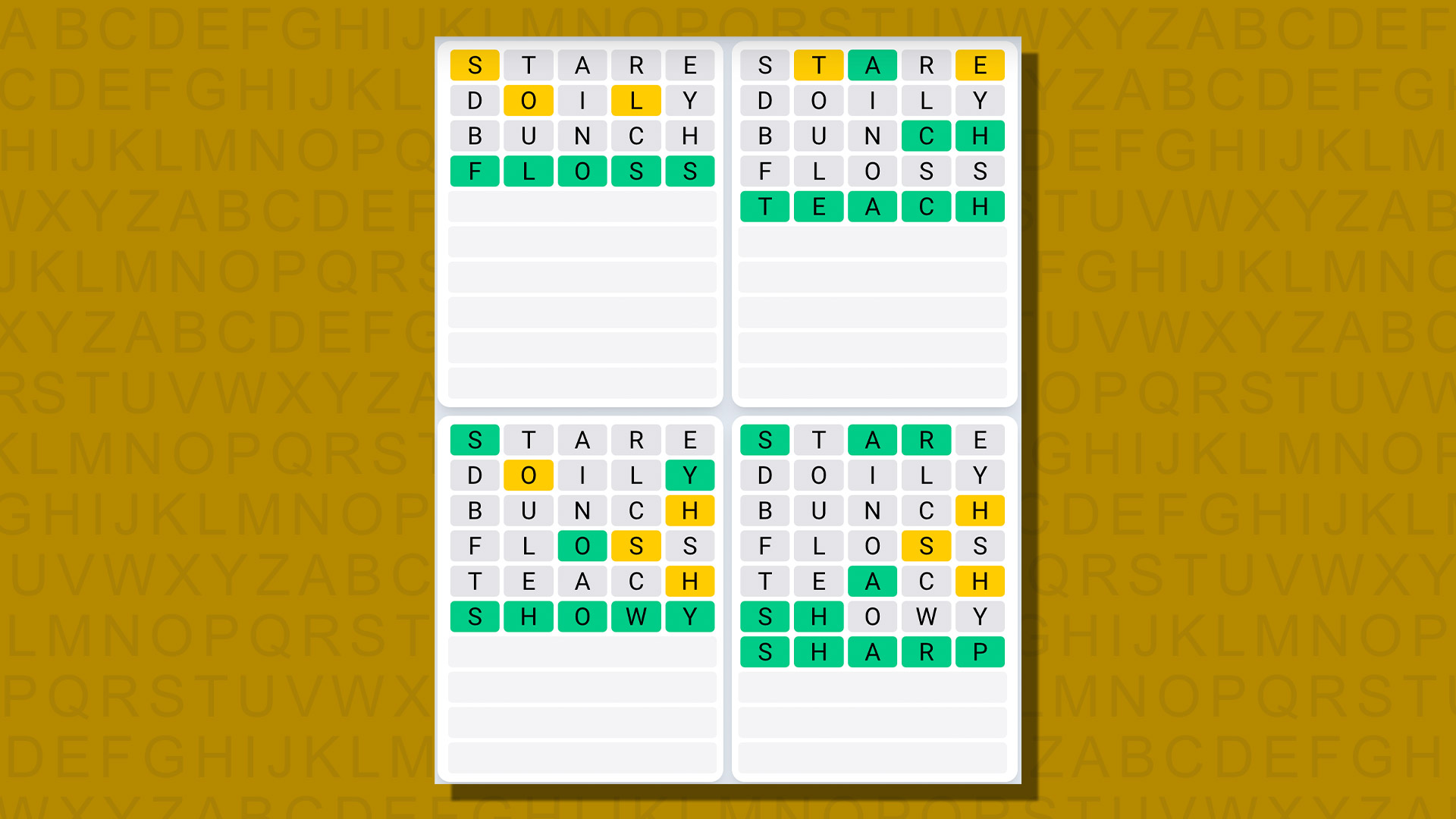 Sarı arka planda 764 numaralı oyunun Quordle günlük dizisi yanıtları