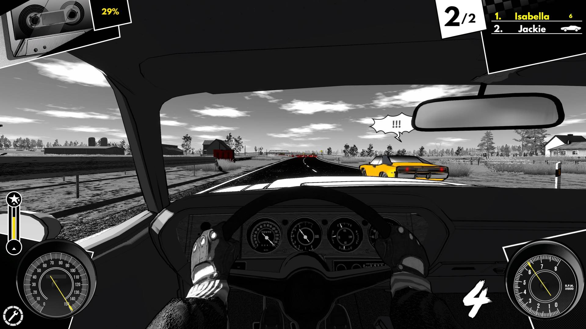 Sürücü, bu şık yeni Steam yarış oyununda manevi varisine kavuşuyor: Siyah beyaz bir arabanın içi, siyah beyaz açık bir yolda sarı bir arabaya karşı yarışıyor