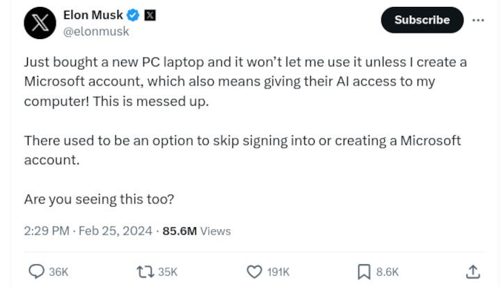 Musk, Windows 11 kurulum sorunu yaşıyor.
